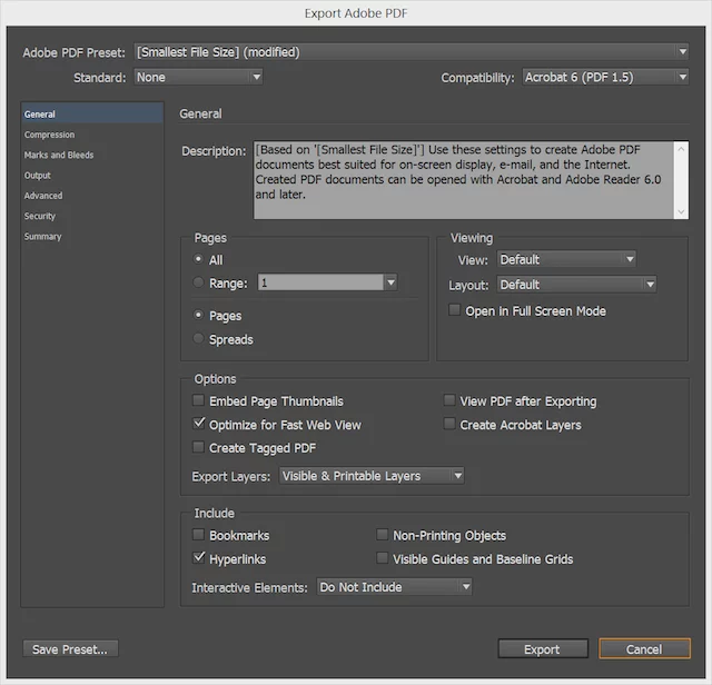 web PDF settings inDesign