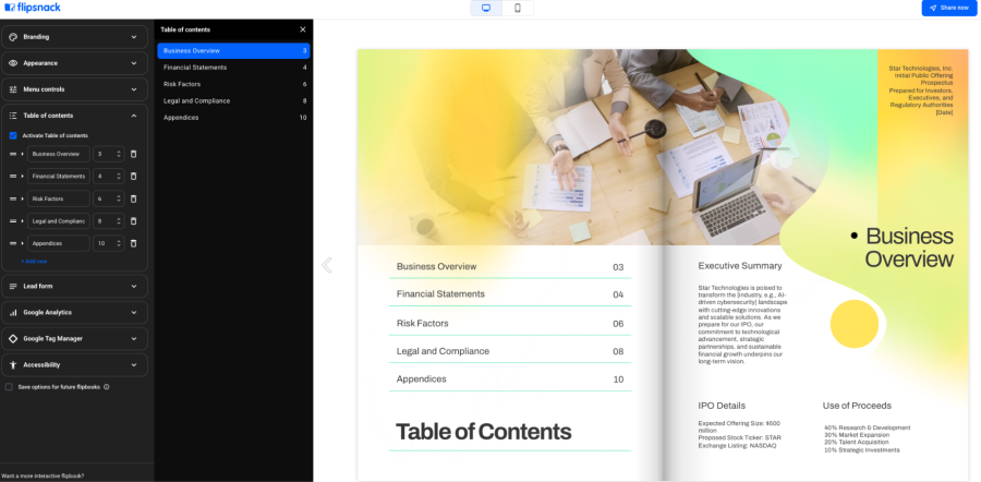 activate table of contents in Flipsnack