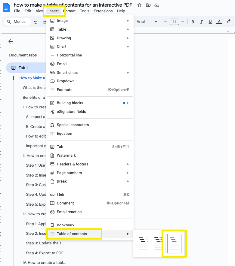 how to insert table of contents in google docs