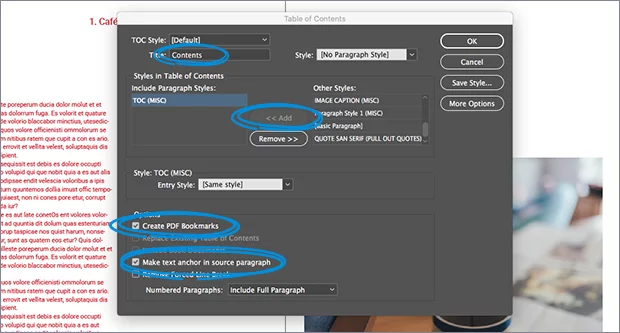 table of contents settings InDesign