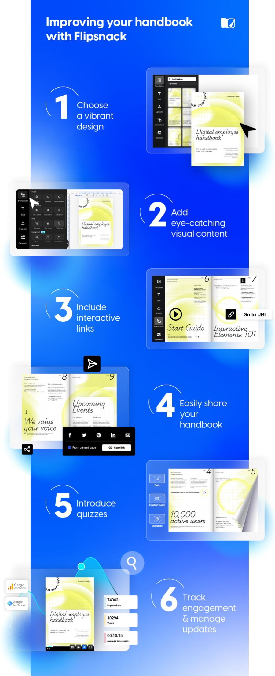 Improving your handbook with Flipsnack: choose a vibrant design, add eye-catching visual content, include interactive links, easily share, introduce quizzes, track engagement