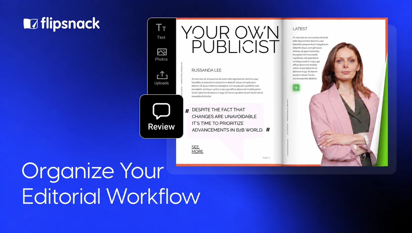Flipsnack magazine editor with a Review comment badge and the heading “Organize Your Editorial Workflow.”