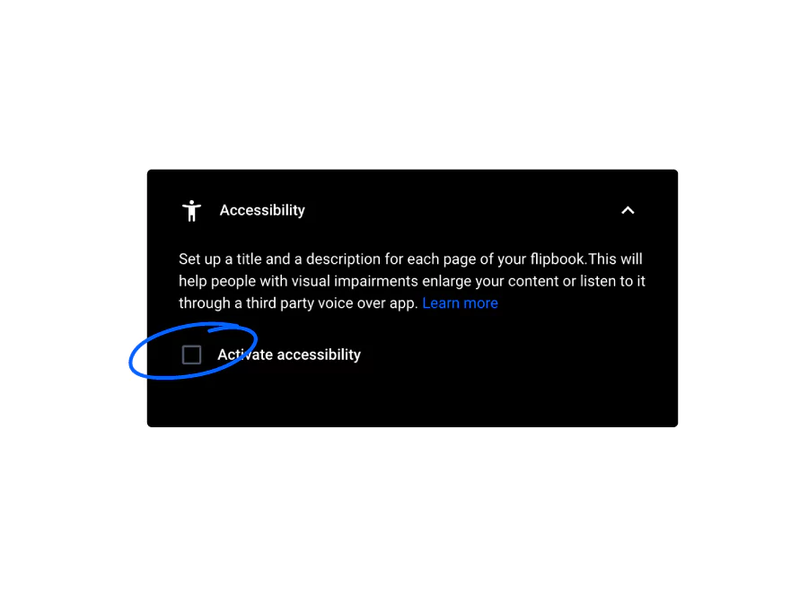 Visual representation of how to activate Accessibility feature in the Flipsnack platform