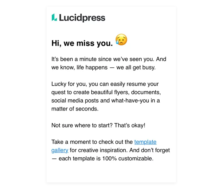 example of a re-engagement email from Lucidpress - this is one of the best email marketing strategies