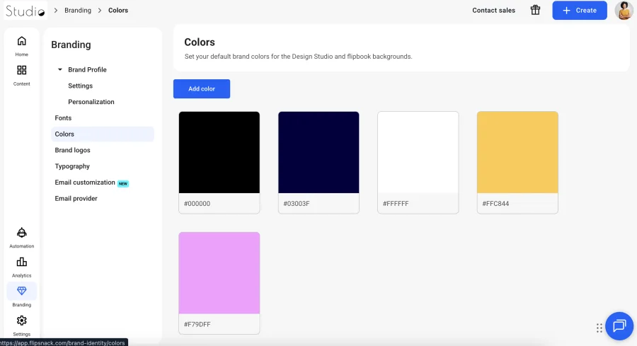 Brand colors section in Flipsnack