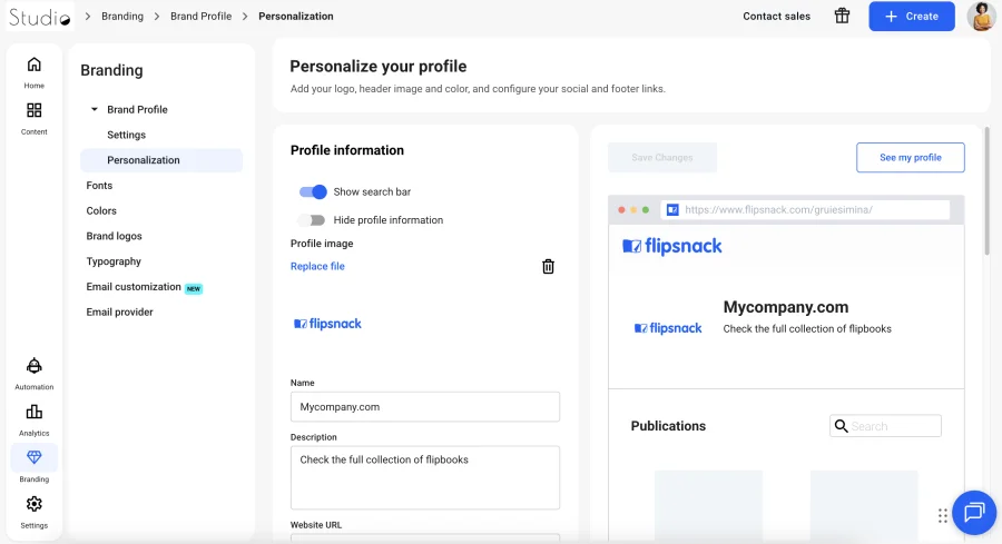 custom domain, personalization in Flipsnack
