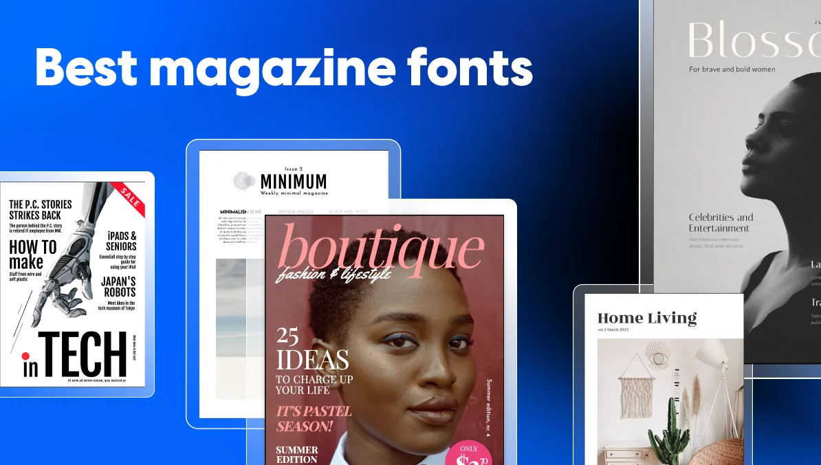 Best magazine fonts for covers and body text shown across fashion, lifestyle, tech and minimalist magazine templates.