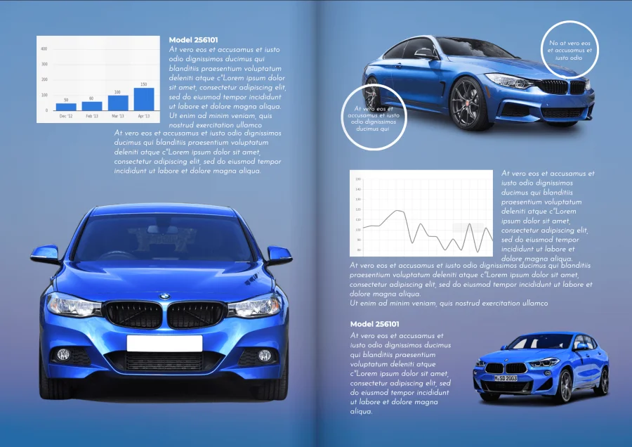 Car magazine template spread featuring blue sports cars, performance charts and technical specifications.