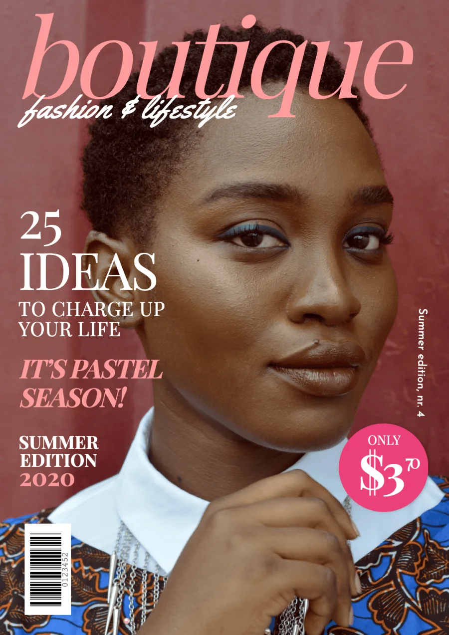 Fashion magazine template cover featuring a close-up portrait with bold pink and white editorial typography.