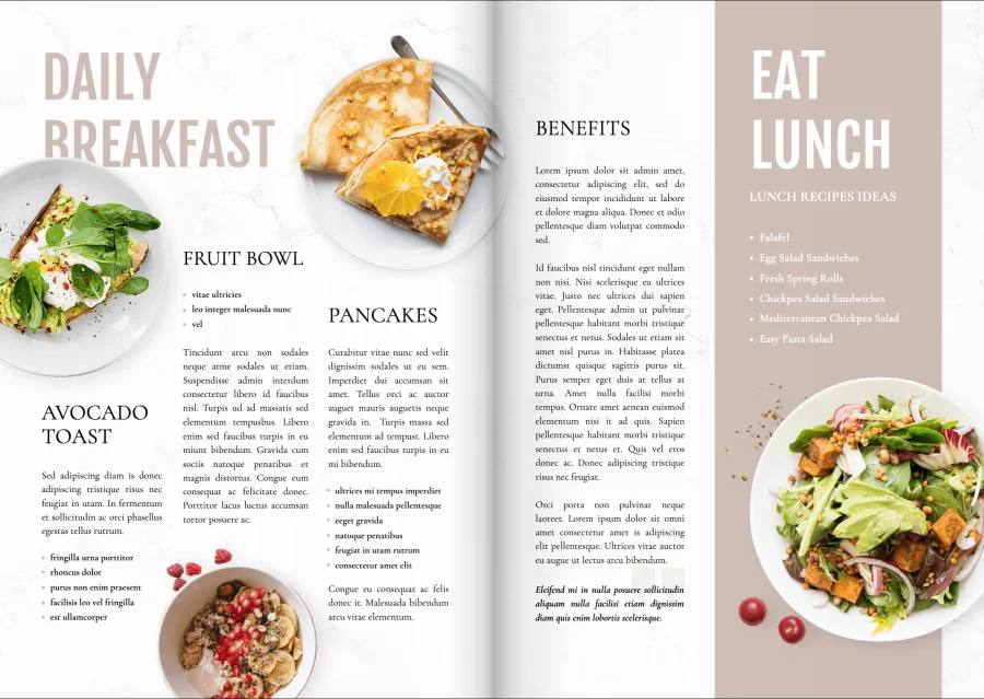 Healthy lifestyle magazine template spread featuring breakfast and lunch recipes with avocado toast, pancakes, fruit bowls and salad.