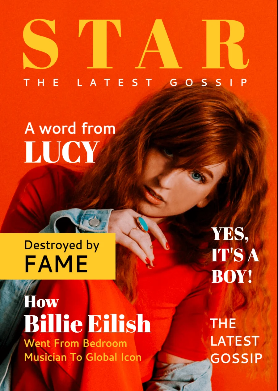 Gossip magazine template cover featuring a red-haired woman against a bright orange background with bold celebrity news headlines.