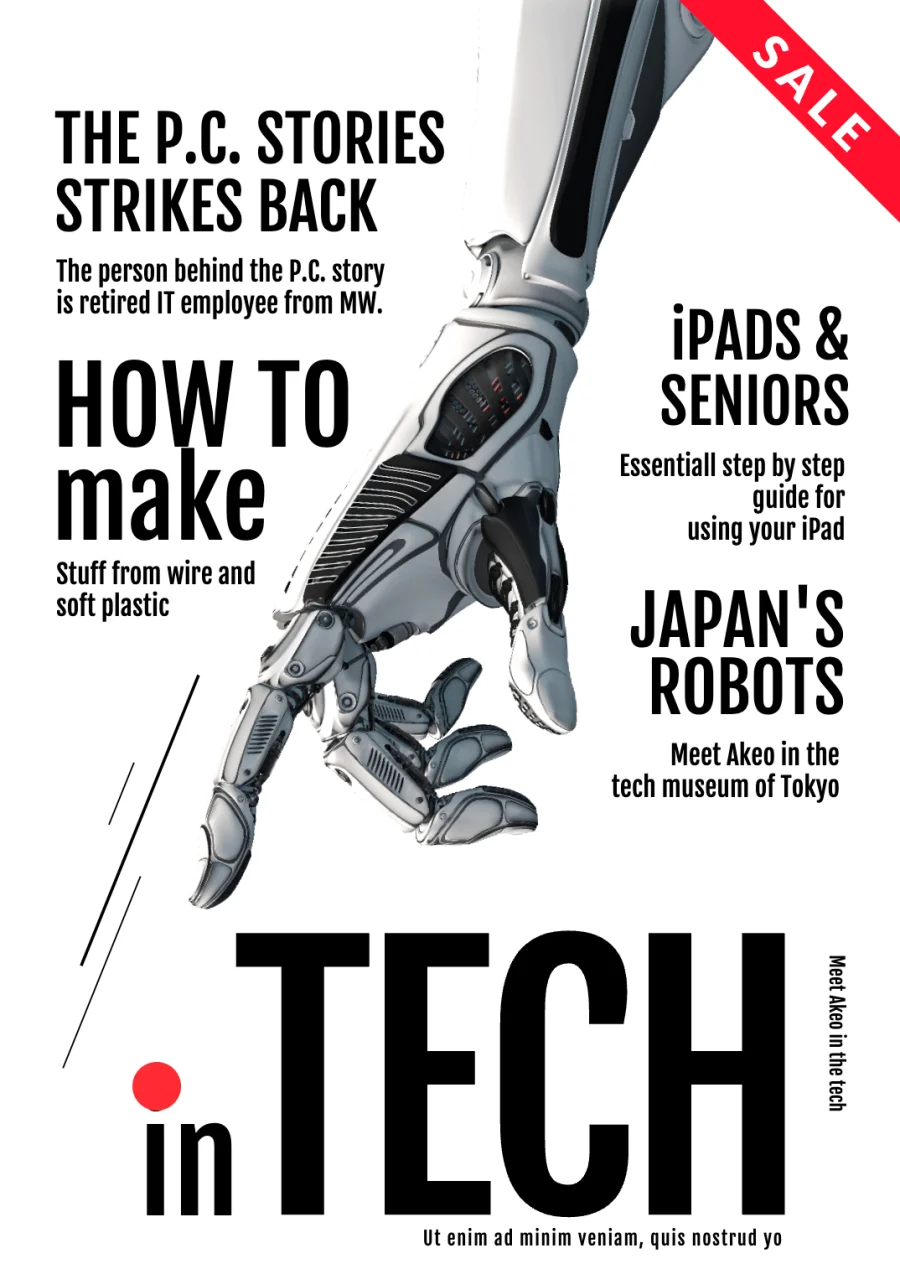 Technology magazine template cover featuring a futuristic robotic hand with bold black editorial typography.