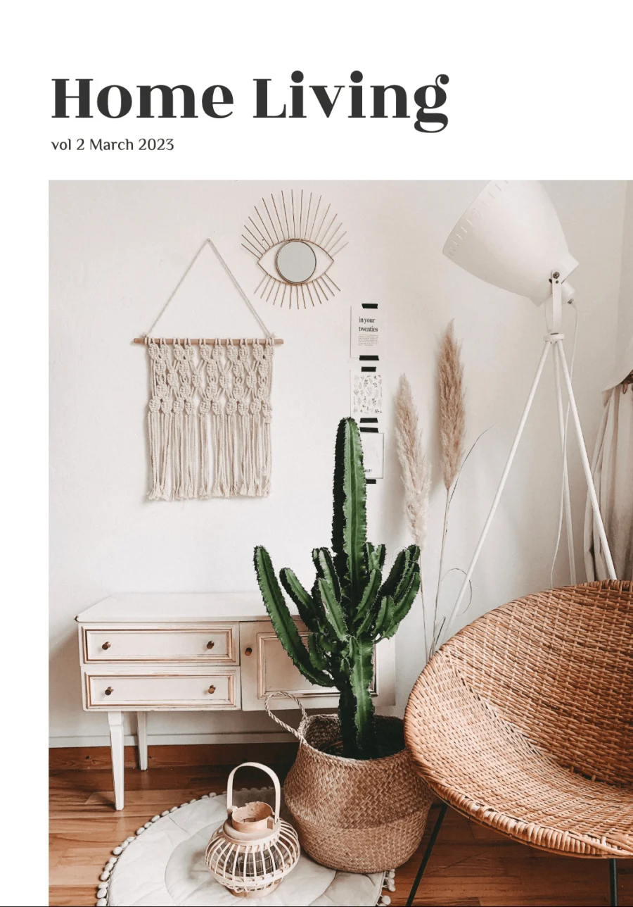 Home and living magazine template cover with a neutral interior, cactus and minimalist home decor.