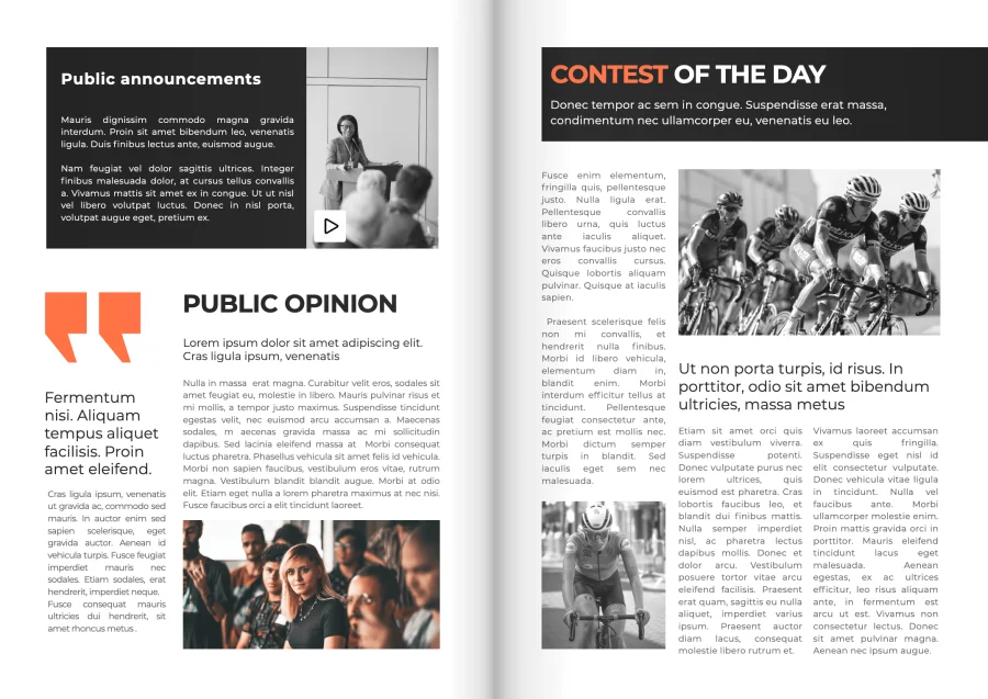 Interactive news magazine template spread featuring public opinion articles, a video section and cycling event coverage.