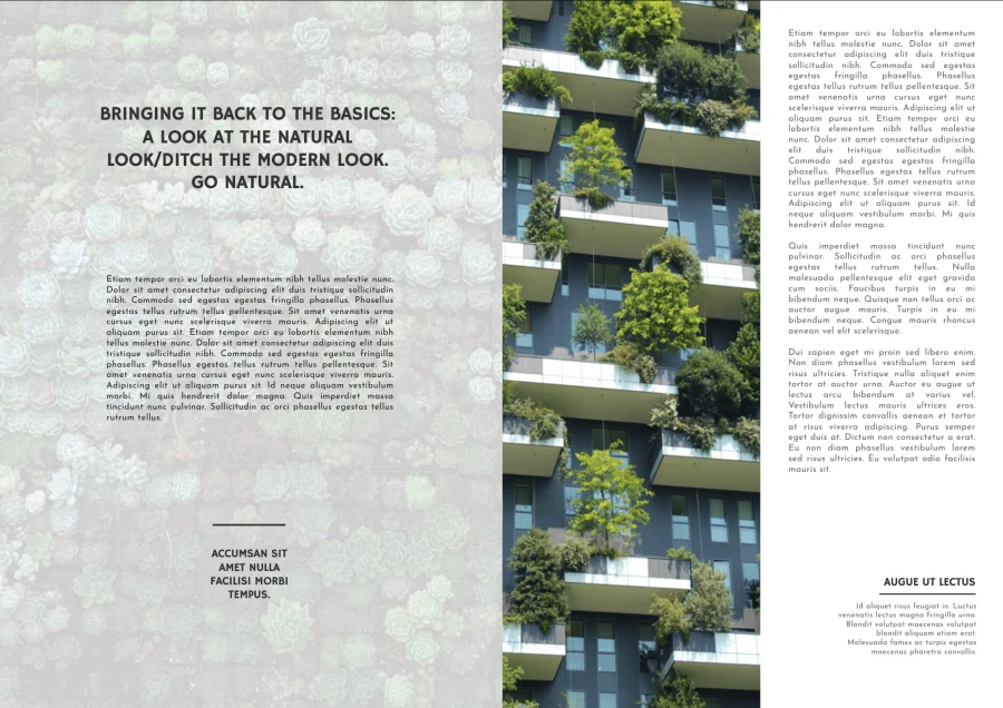 Architecture magazine template spread featuring a modern apartment building with plant-covered balconies and a minimalist editorial layout.