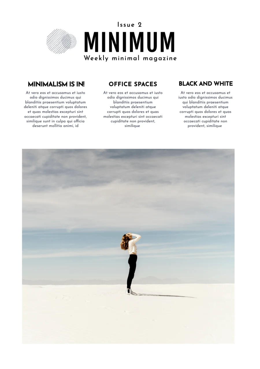 Minimalist magazine template cover featuring a woman standing in a wide white landscape beneath an open sky.