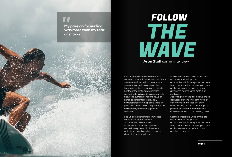 Sports magazine template spread featuring a surfer riding a wave alongside a bold interview layout.