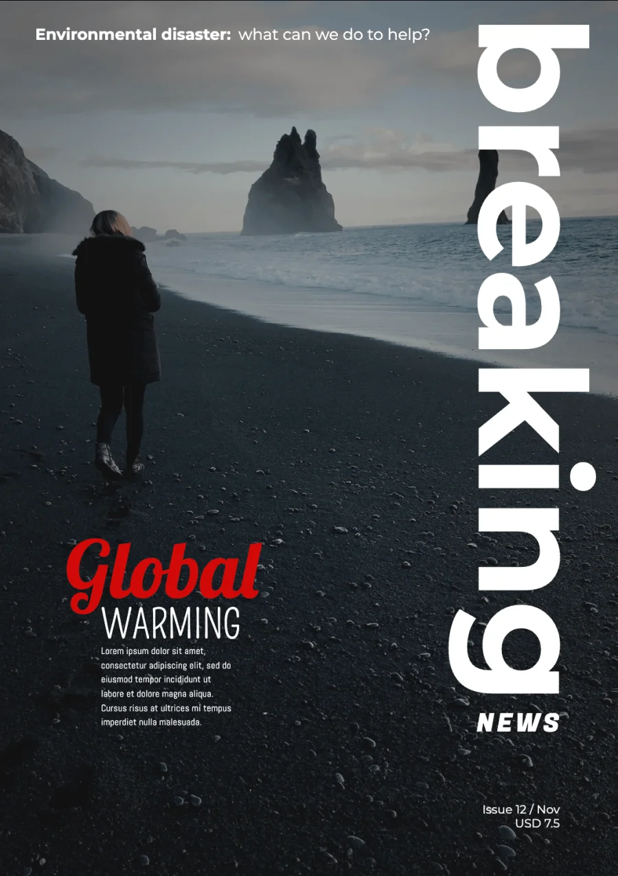 News magazine template cover about global warming, featuring a person standing on a dark beach with dramatic coastal rock formations.