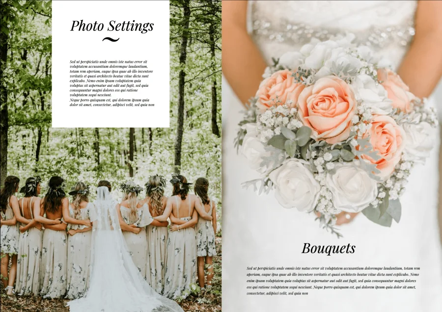 Wedding magazine template spread featuring a bride with bridesmaids in a forest and a close-up of a peach and white bridal bouquet.