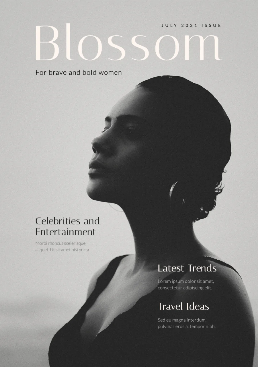 Women’s lifestyle magazine template cover featuring a black-and-white portrait with elegant serif typography.