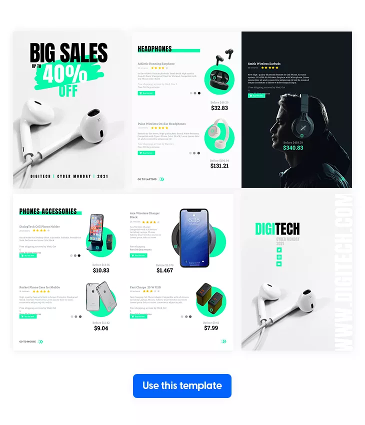 Green, black, and white Cyber Monday digital catalog template.