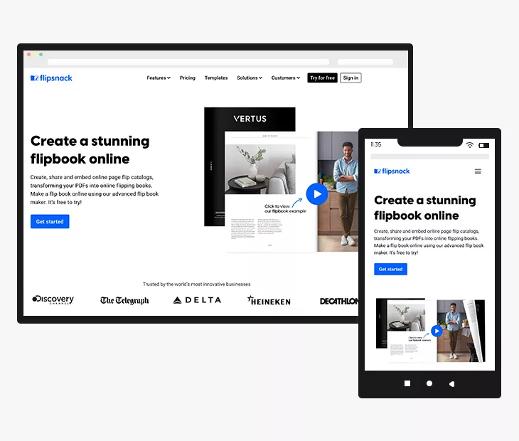 Flipsnack landing page titled "create a stunning flipbook online" for both desktop and mobile.