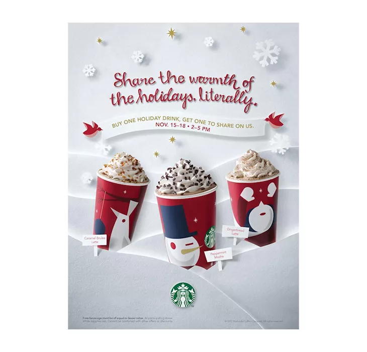 Advertisement for Starbucks Holiday Drink cups.