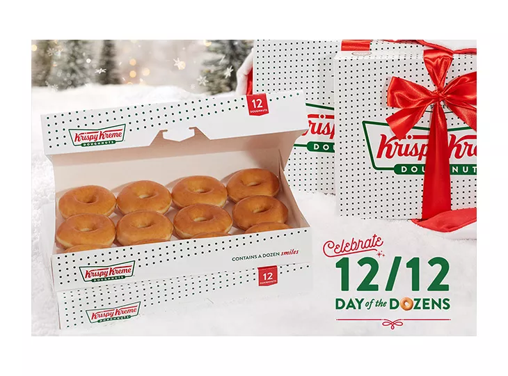 A dozen boxed donuts to promote Krispy Kreme's Day of Dozens Christmas promotion.