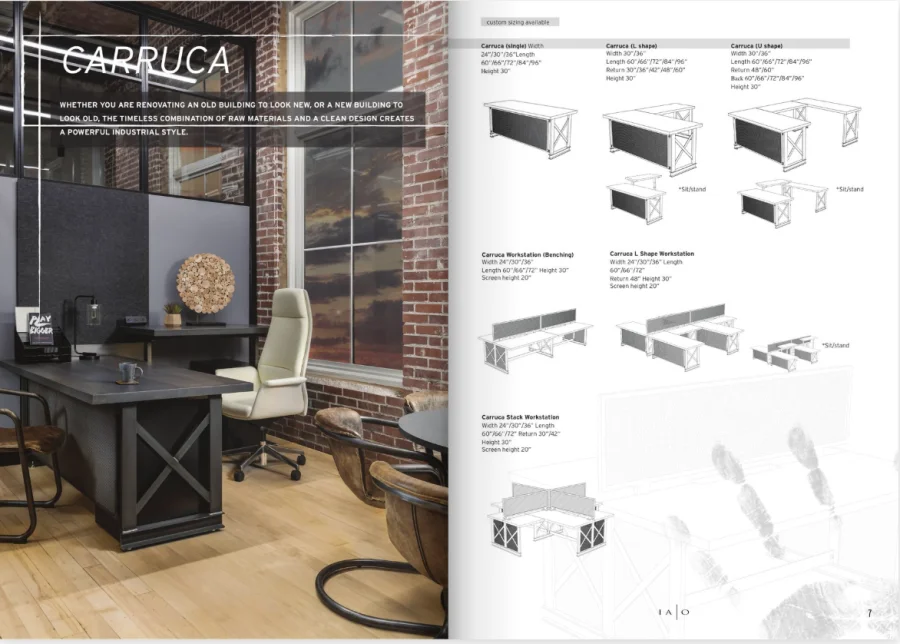 Office furniture lookbook spread with a styled industrial office and line drawings of desk configurations with dimensions