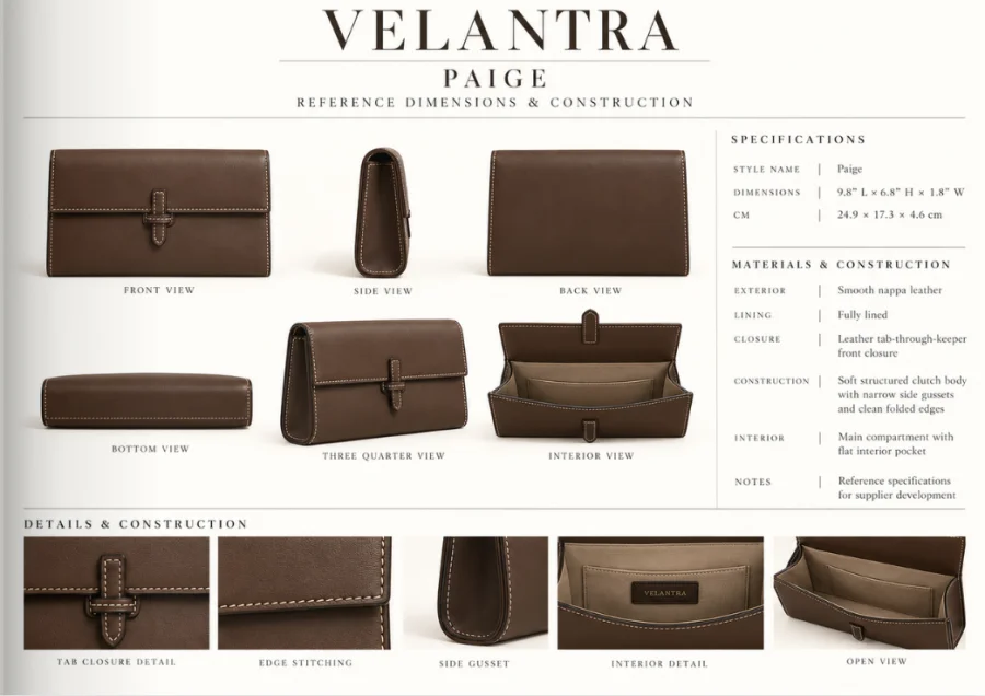 Handbag lookbook spread showing a shoulder bag in two sizes, four colorways, specifications, and construction details