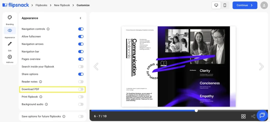 Flipsnack Appearance settings panel with the Download PDF option toggled off to make a PDF view only