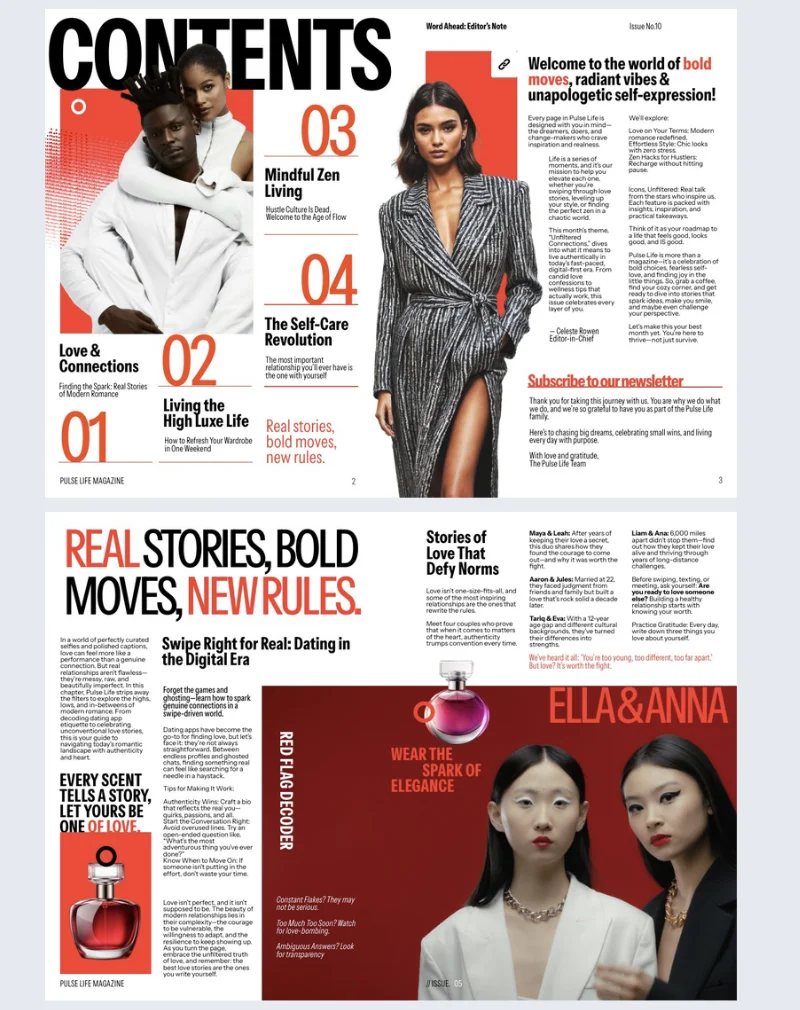 Open dynamic lifestyle magazine template featuring diverse fashion models, bold red-and-black typography, relationship stories, and beauty content.