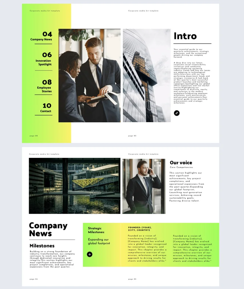 Open interactive corporate magazine template featuring company news, business professionals, modern architecture, and vibrant green accents.