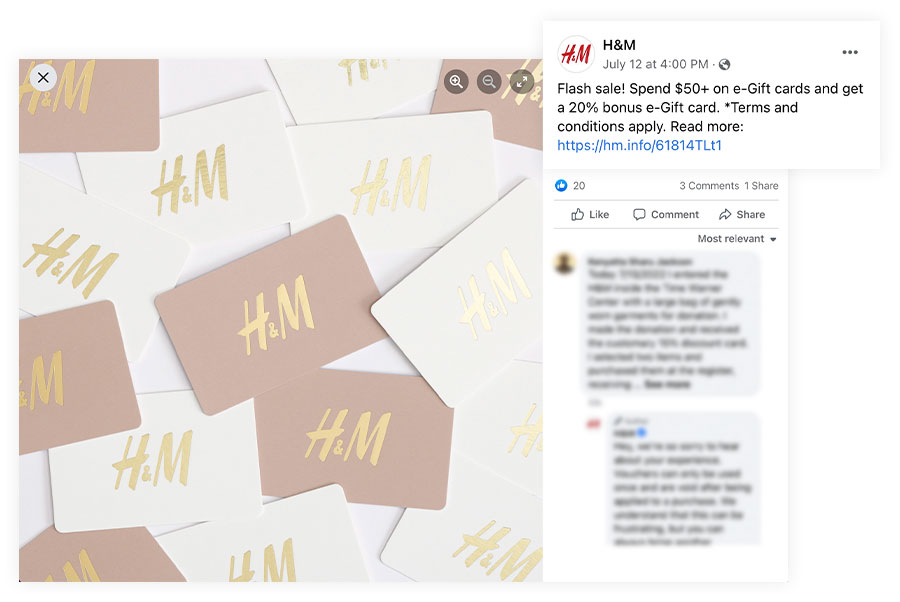 H&M Facebook marketing gift card example