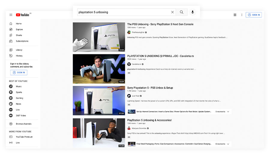 YouTube search results for playstation 5 unboxing
