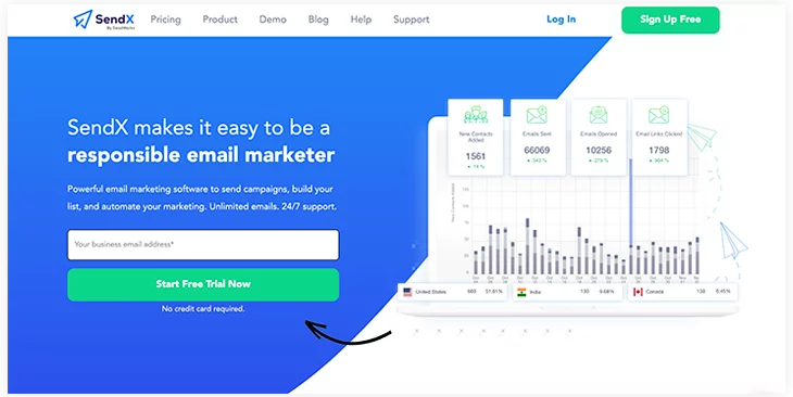 SendX email marketing tool website homepage