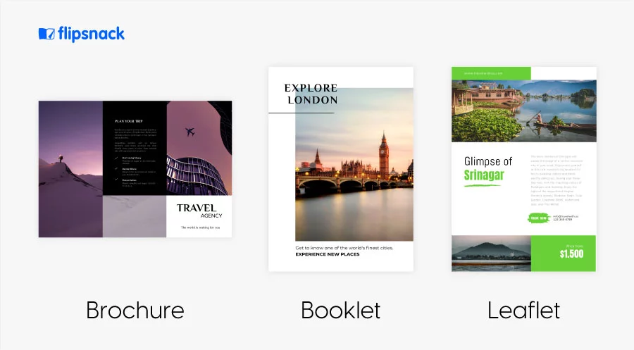 Brochure vs. leaflet vs. flyer visual created in Flipsnack