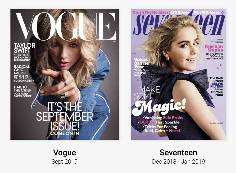Examples of Vogue and Seventeen magazine typography