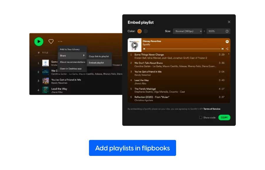 Spotify playlist embedded in a flipbook