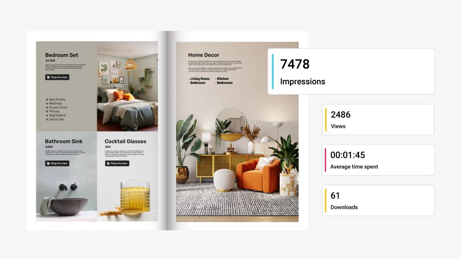 Visual of a flipbook spread from an interior design catalog with statistics on the side