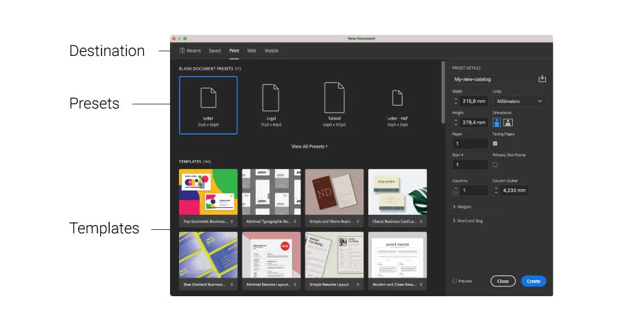 Presets when creating a new document in InDesign