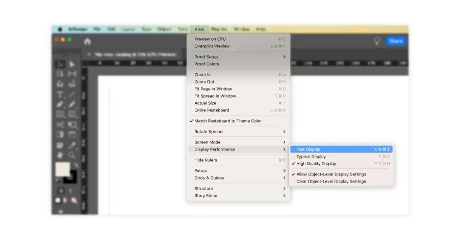 How to change the display performance in InDesign