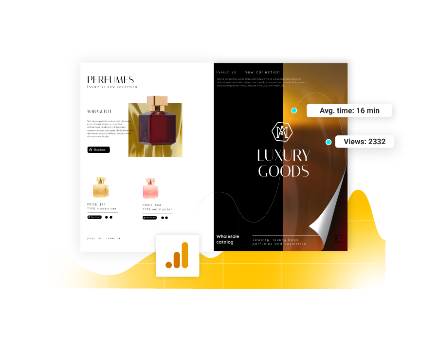 Visual that demonstrates how to use digital sales catalogs to gather insightful data like views, impressions, average time spent on the page or flipbook.
