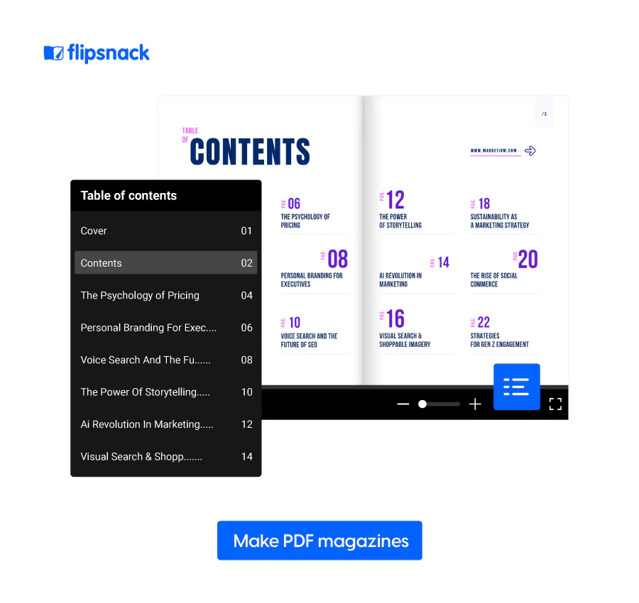 Visual of a table of content spread in a digital magazine made in Flipsnack 