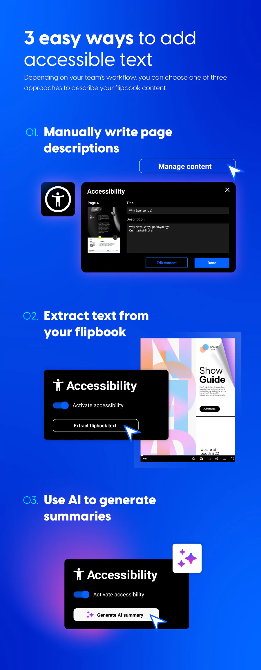 3 easy ways to add accessible text:
Manually write page descriptions, extract text from your flipbook, use AI to generate summaries