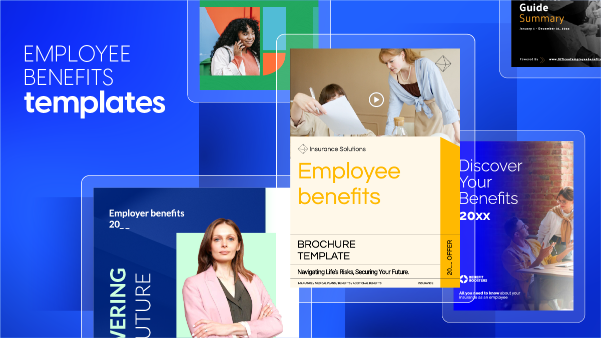 cover visual for article entitled Master the art of benefits communication with these expert templates, showcasing sections of five employee benefit template covers