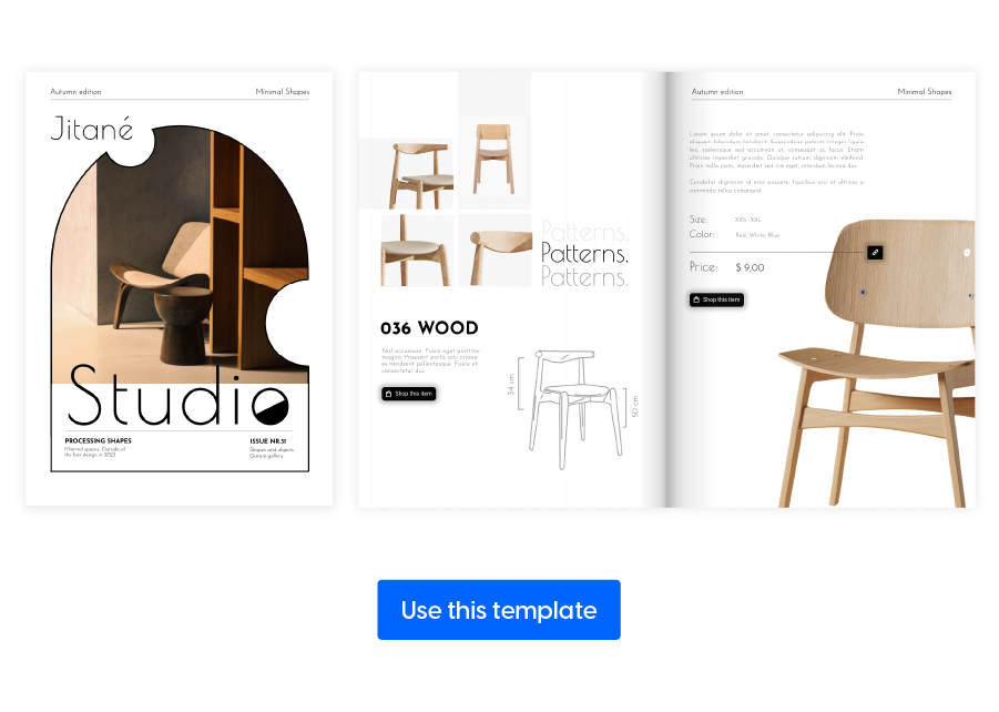 Visual of spread from shoppable office furniture catalog template made in Flipsnack