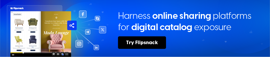 Banner for article entitled "Boost Your Catalog's Impact with Strategic Online Sharing" with text "Harness online sharing platforms for digital catalog exposure" and CTA "Try Flipsnack"