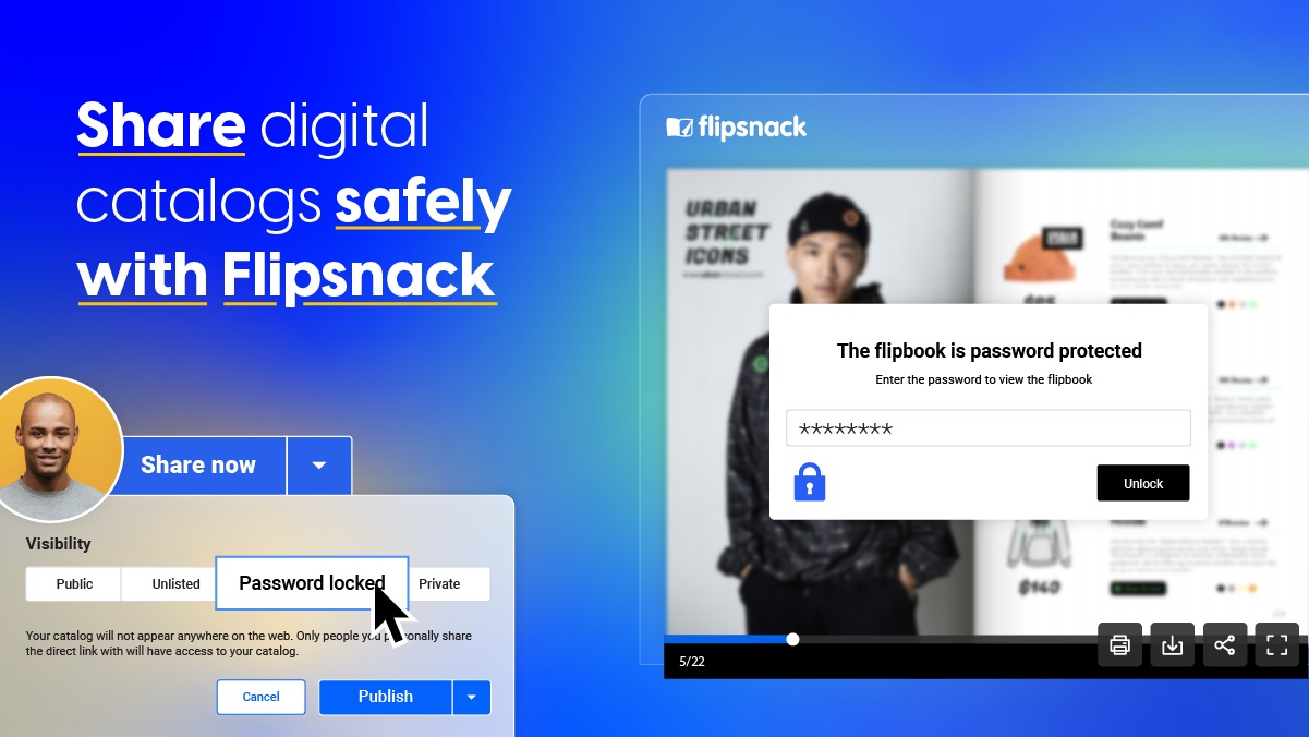 Cover for article entitled "Keep data breaches at bay: secure sharing for digital catalogs" with text "Share digital catalogs safely with Flipsnack"