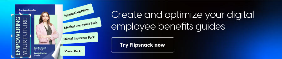 Visual for banner for article entitled "Create outstanding employee benefits packages" with text "Create and optimize your employee benefits guides" and CTA "Try Flipsnack now"